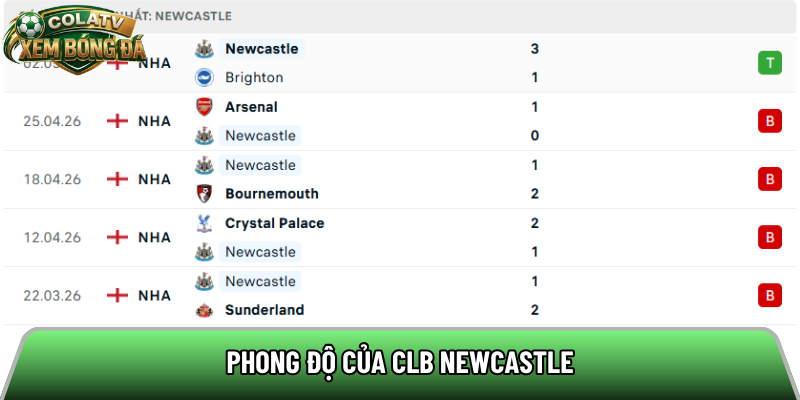 Phong độ của CLB Newcastle 